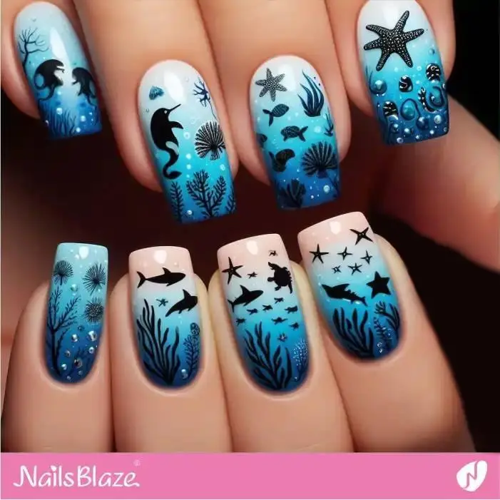 Blue Ombre Marine Life Nail Design | Save the Ocean Nails - NB2759